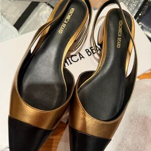 Veronica Beard Gold and Black Pointed Slingback Flats